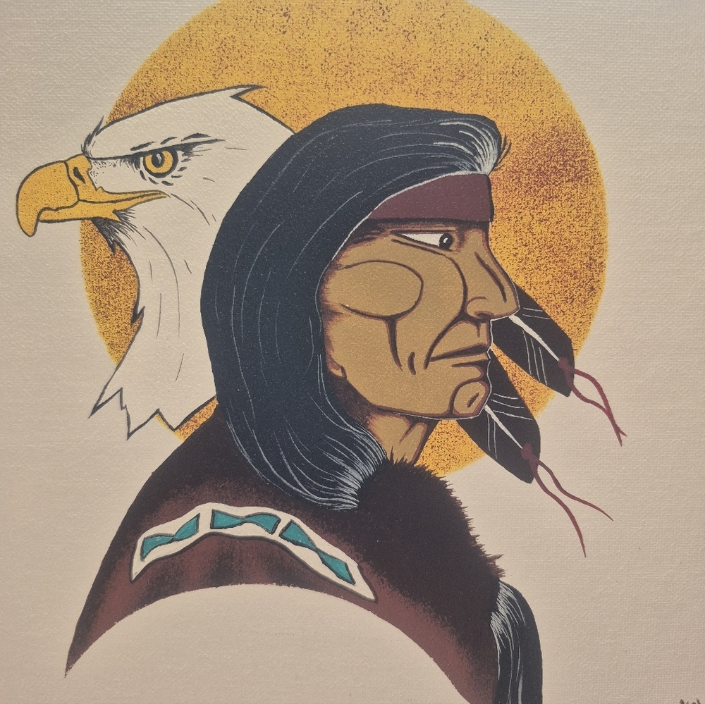 Original Indigenous Artwork Angus Merasty Signed 1995 Eagle Native Portrait Art - Picture 3 of 5